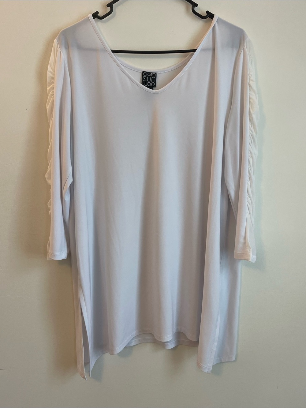 CLARA SUNWOO White Ruched-Sleeve Women's Top Tunic Lagenlook Boho